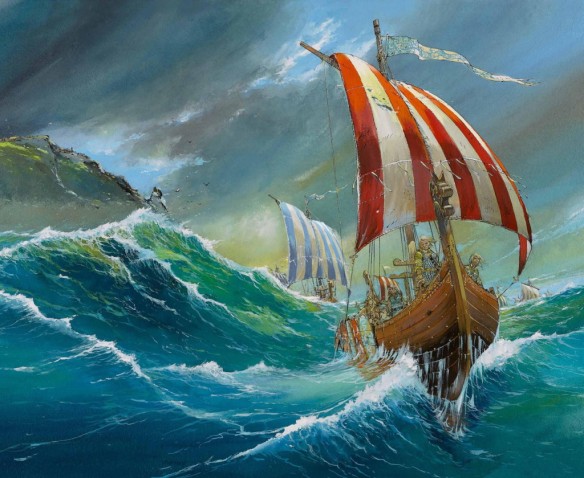 A painting of a boat sailing during the Danish Conquest of England (980–1016).