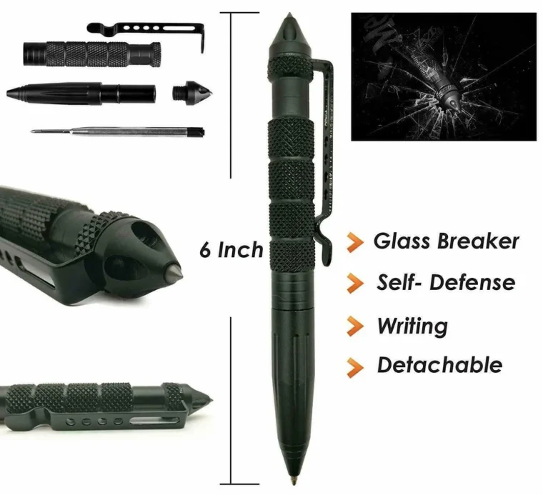 14 piece survival gear kit tactical pen close up