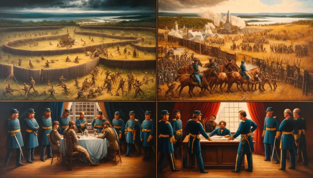 Historical painting depicting main military strategies of the Confederate South during the American Civil War. The top, shows the defense of territory with historically accurate fortifications. The bottom right shows diplomatic efforts for gaining recognition and credibility.
