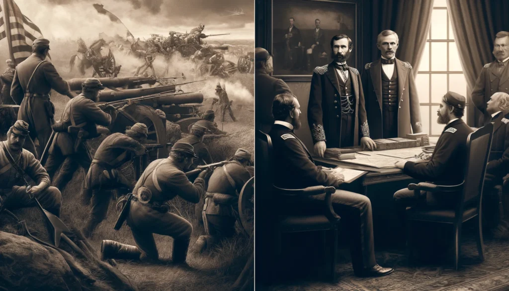 Two images depicting the South's military strategy at the beginning of the American Civil War.